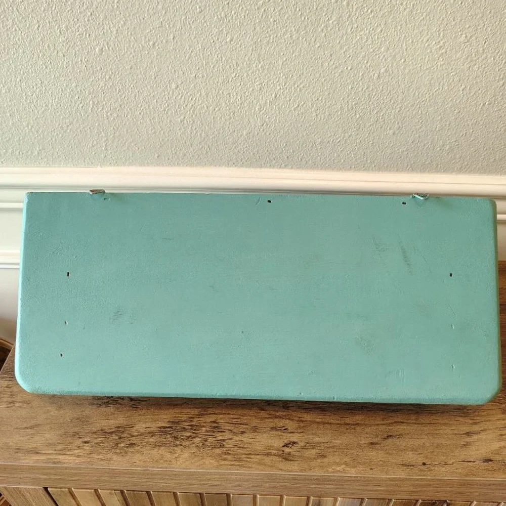 Vtg Wooden Display Hanging Shelf Towel Bar Painted Turquoise Beach Cottage Decor